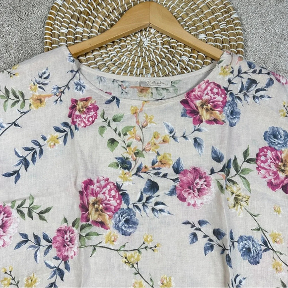 Bella Umbra 100% Linen Blouse Light Tan Floral Shortsleeve Made in Italy Size M - Picture 3 of 13